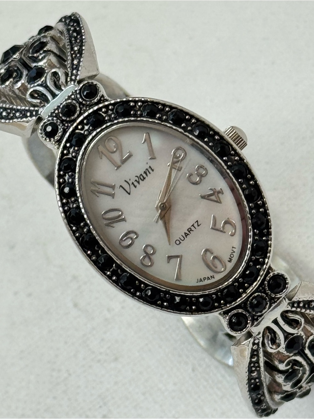 Vivani Mother Of Pearl Women's 6.5" Black Rhinestone Silver Cuff Bracelet Watch